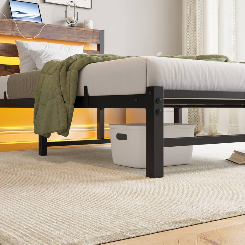 Metal Bed Frame Slats Platform Bed Open Frame with RGB LED Light and 2 USB Ports, Wooden Headboard, No Box Spring Needed