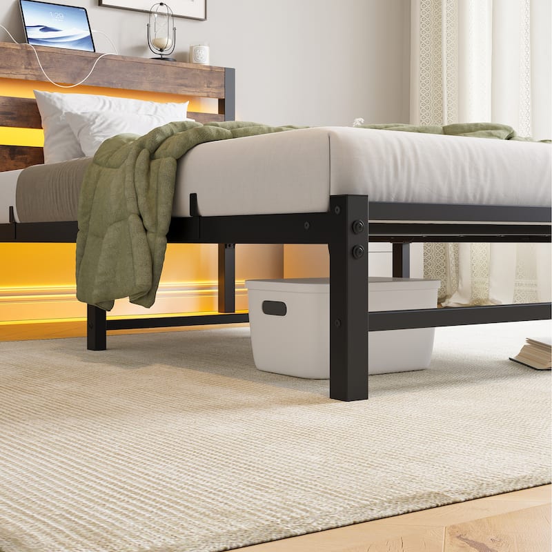 Twin Size Modern Metal Bed with Wooden Headboard, RGB Lights, and Storage Shelf