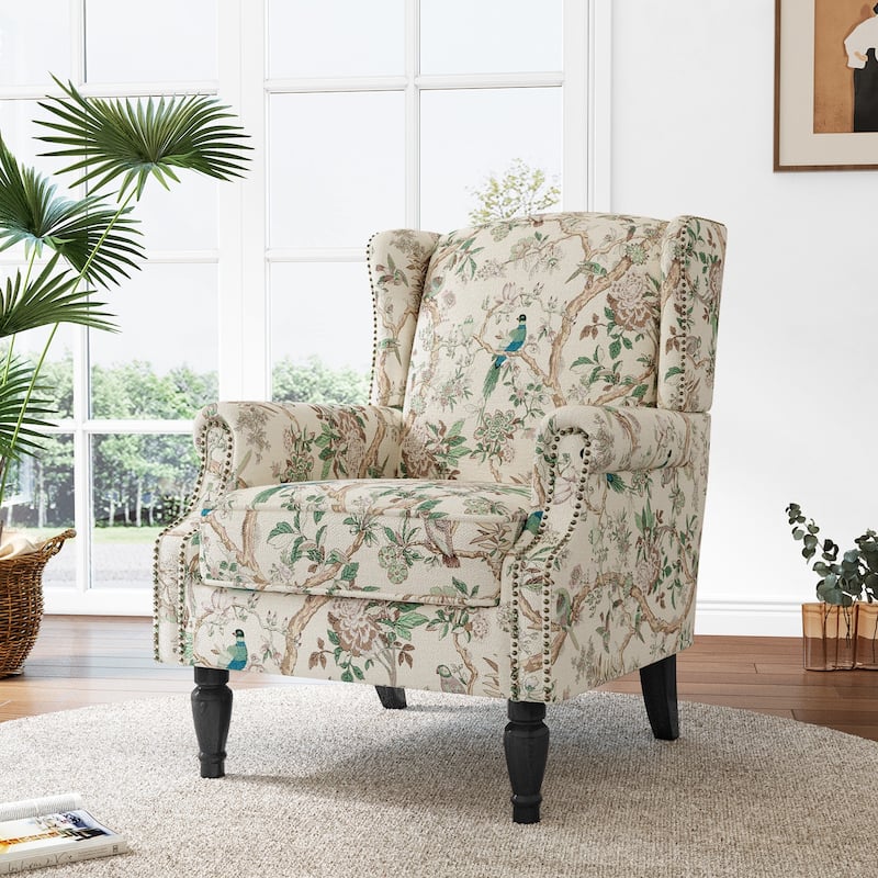 Mid-Century Modern Linen/ Vegan Leather Wing Back Accent Chair