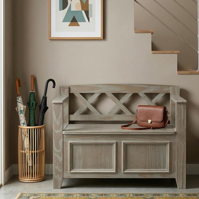 WYNDENHALL Halifax SOLID WOOD 36 inch Wide Transitional Small Entryway Storage Bench -  17"D x 36" W x 27.8"H - Distressed Grey