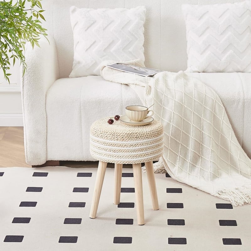 Footstool Ottoman Round with Solid Wood Legs