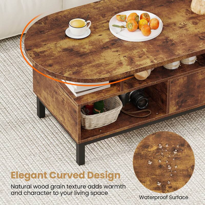 Costway 47” Oval Top Coffee Table with 4 Open Compartments & Drawer, 5 - See Details