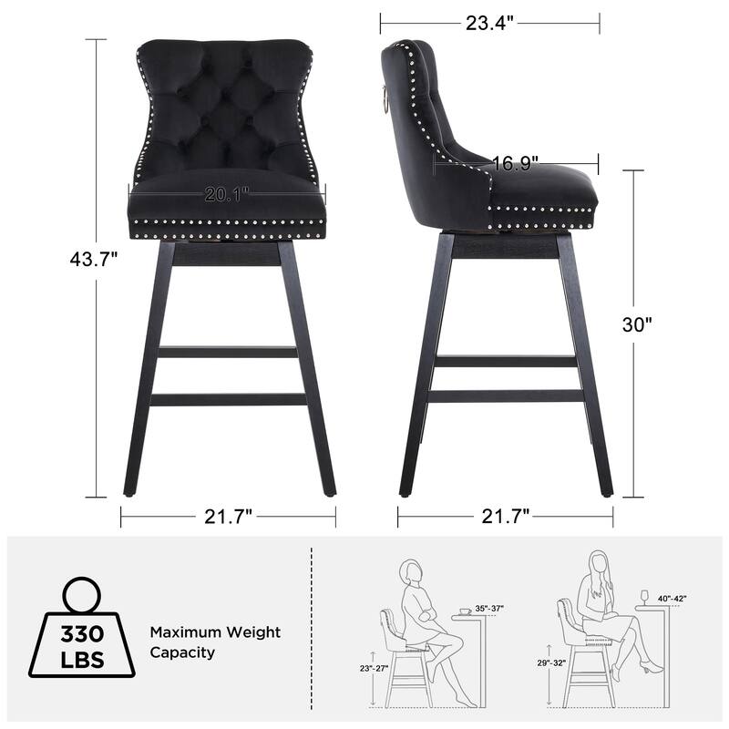 26"/30" Velvet Upholstered Swivel Counter or Bar Height Stools, Set of 4