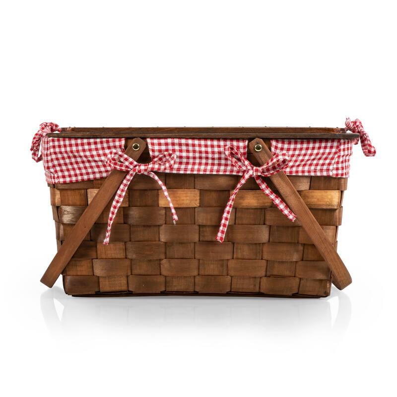 Picnic Time Kansas Handwoven Wood Picnic Basket, (Red & White Gingham Pattern)