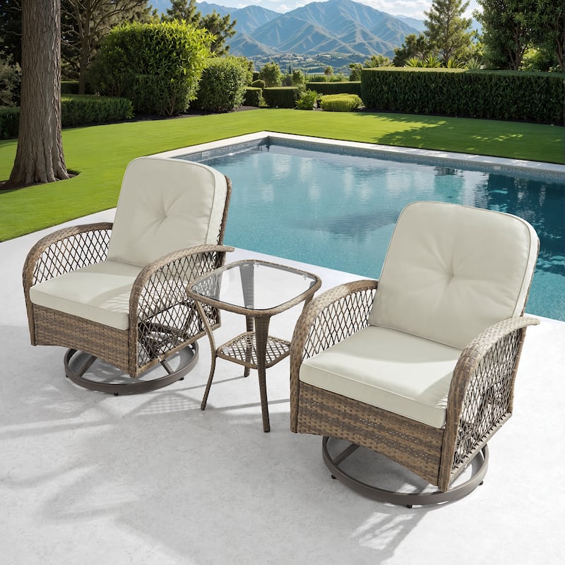 Corvus Helicon 3-Piece Outdoor Wicker Swivel Chat Set with Cushions and Glass Side Table