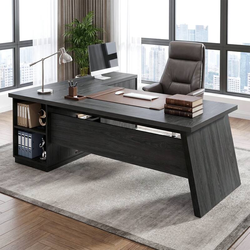 78" L-Shaped Executive Desk with File Cabinet & Shelves, Home Office