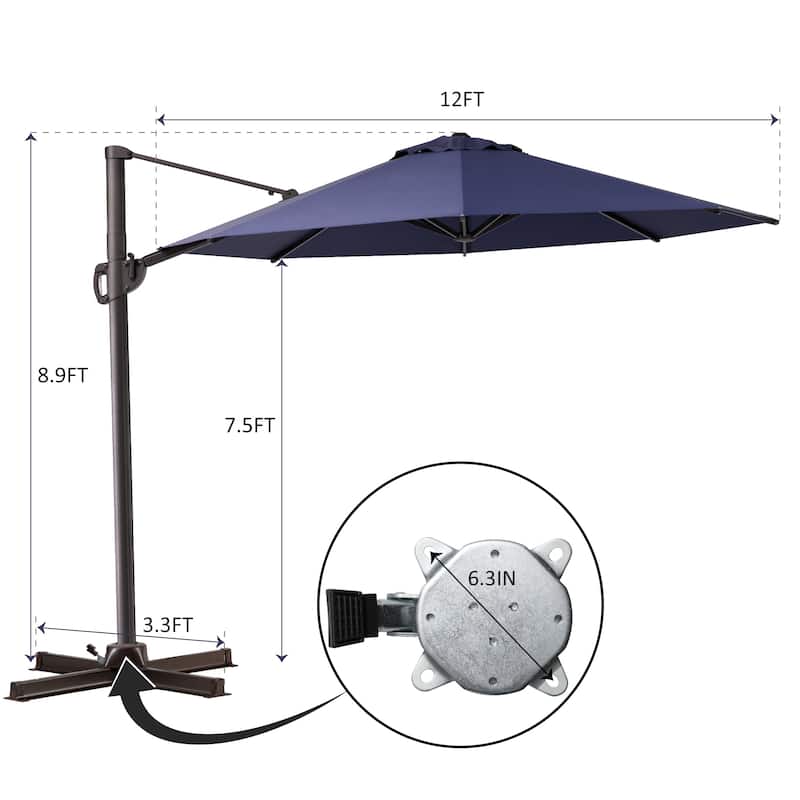 Pellebant Patio Cantilever Offset Umbrella 12 FT Round with No Base