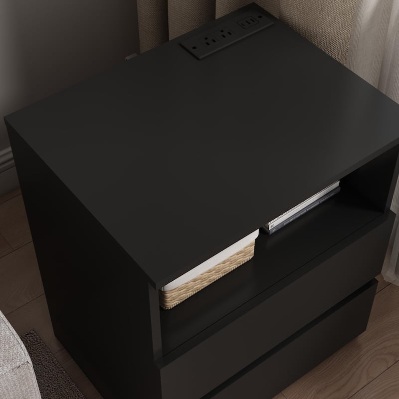 End Table with Fast USB C Charging Station, Sofa Side Table with 2 Drawers, Large Storage Modern Wood Storage Cabinet