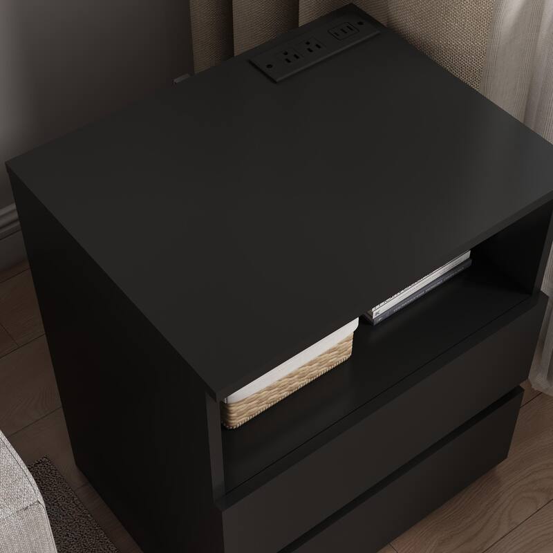Nightstand with Charging Station, Sofa Side Table with Open Shelves & 2 Drawers, Large Capacity Wood Storage Cabinet