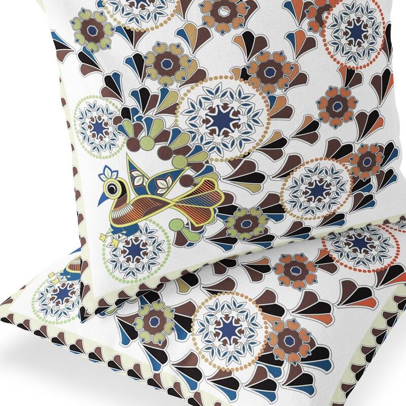 HomeRoots Set of Two 16" X 16" Blue and Off White Peacock Blown Seam Floral Indoor Outdoor Throw Pillow