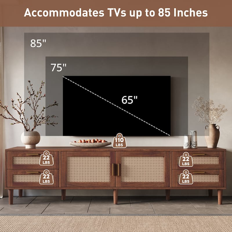 Modern 78 Inch TV Stand for 85" TVs, Media Console with 4 Storage Drawers, Solid Wood Legs & Soft-Close Hinges