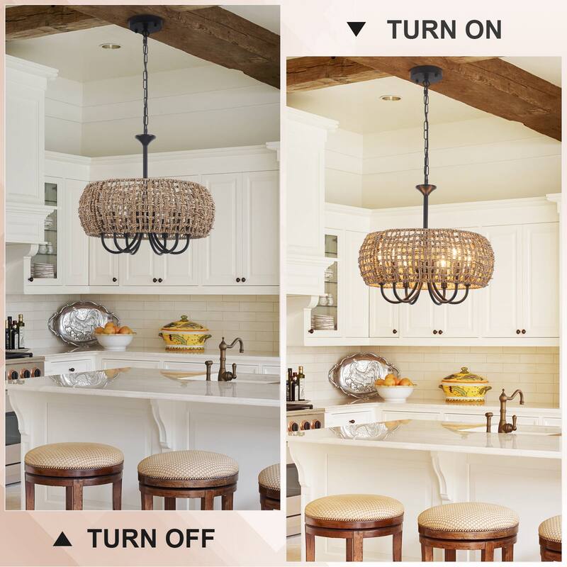 18.11inch Bohemian 6 lights adjustable height With Hand-Woven Rattan Lampshade for different rooms
