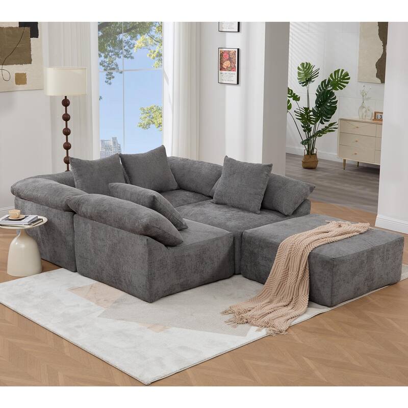 L Shaped Modular Sectional Sofa, Oversized Chenille Convertible Sleeper Couch, Comfy Deep Seat Cloud Sofa with Ottoman
