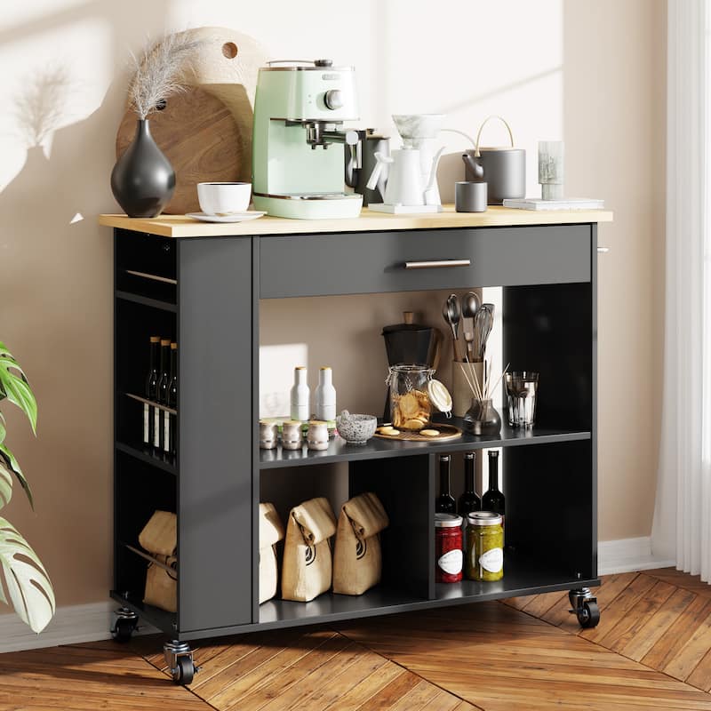 Futzca Kitchen Island on Wheels with Large Work Countertop - Black