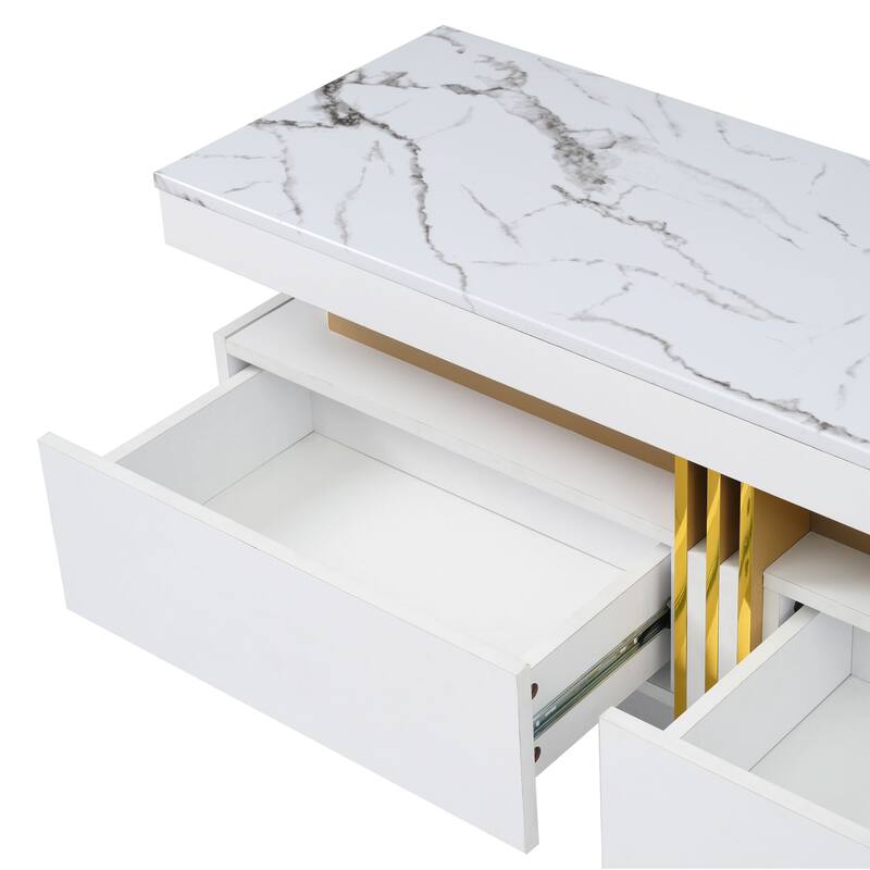 Luxury TV Stand with High Gloss Faux Marble Top for TVs Up to 78'', Rectangle Media Console with Golden Panel.