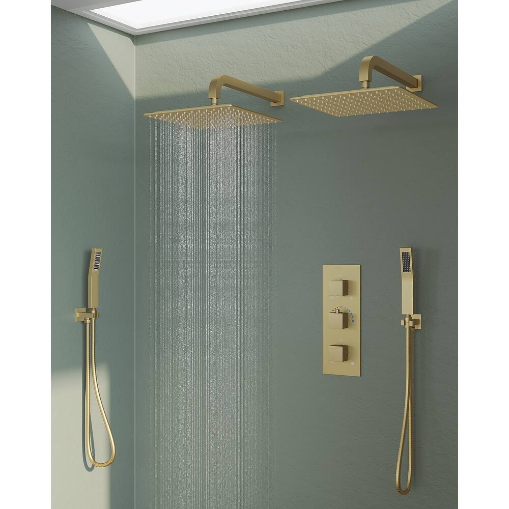 GRANDJOY 12 inch Wall Mounted Dual Shower Heads with Handheld Spray Combo Thermostatic High Pressure Shower System