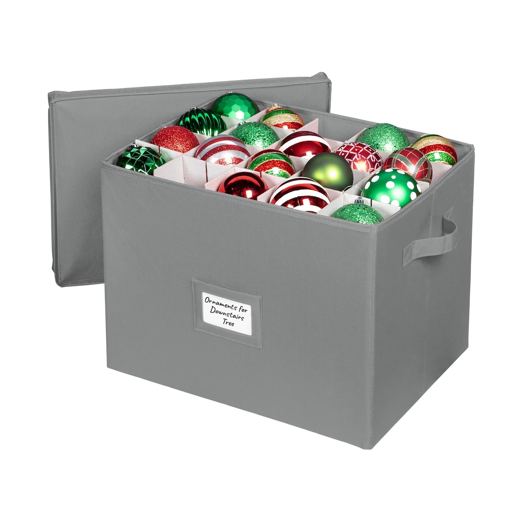 Xmas Ornament Storage Container with Dividers Fits Up to 80-3" Ornaments, Durable 600D, Grey