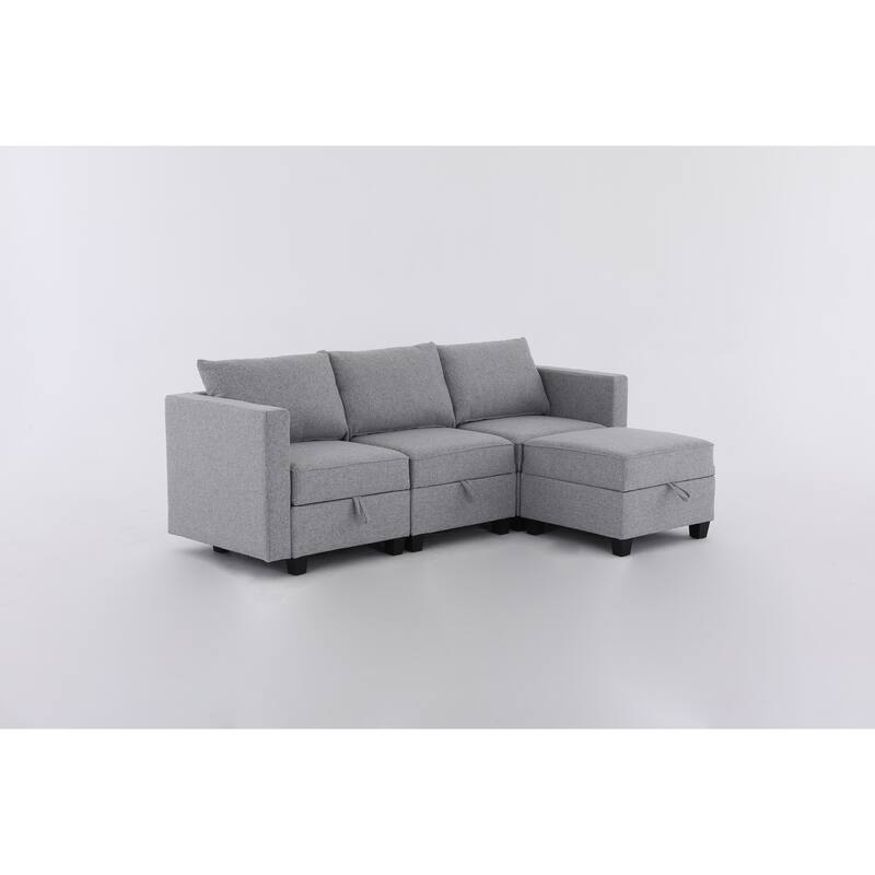 87" Burlap L-Shaped Modular 3-Seater Sofa with Ottoman & Storage