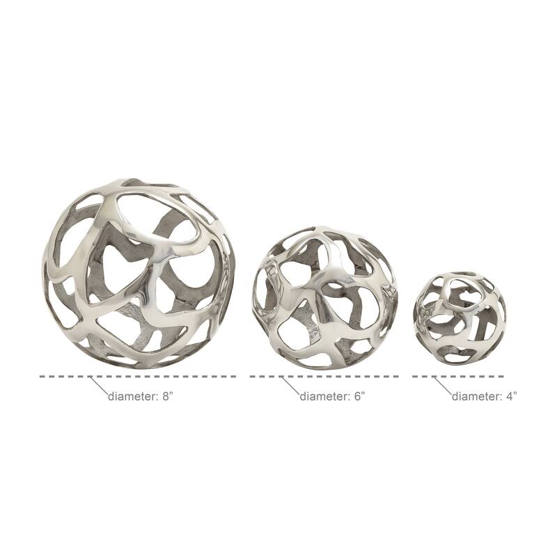 Aluminum Metal Abstract Cutout Orb Decorative Sculpture - Set of 3 Brass or Silver - Roche River Decor