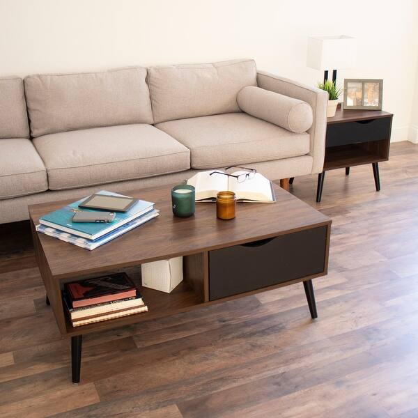 Humble Crew Low Mid Century Coffee Table With Open Shelf And Drawer Storage Dark Wood Black 54 X 84 Overstock 31939451