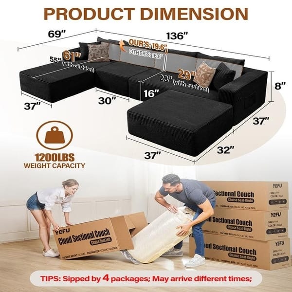 dimension image slide 5 of 9, WINSOON Plush Modular Sectional Sofa with Pillows