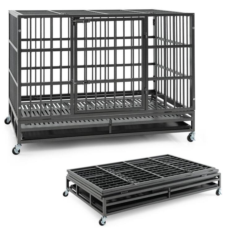 Foldable Heavy-Duty Metal Dog Cage with Lockable Rolling Casters and Tray