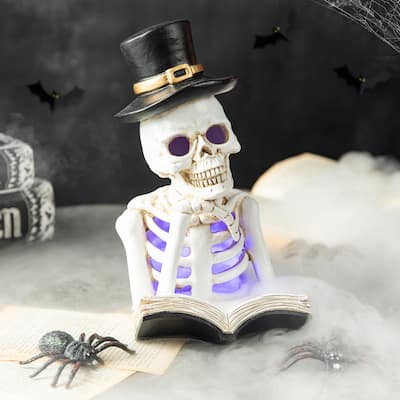 Glitzhome 10.25"H Halloween Lighted Resin Skull Reading Book Figurine Table Decor - Lighted Skull