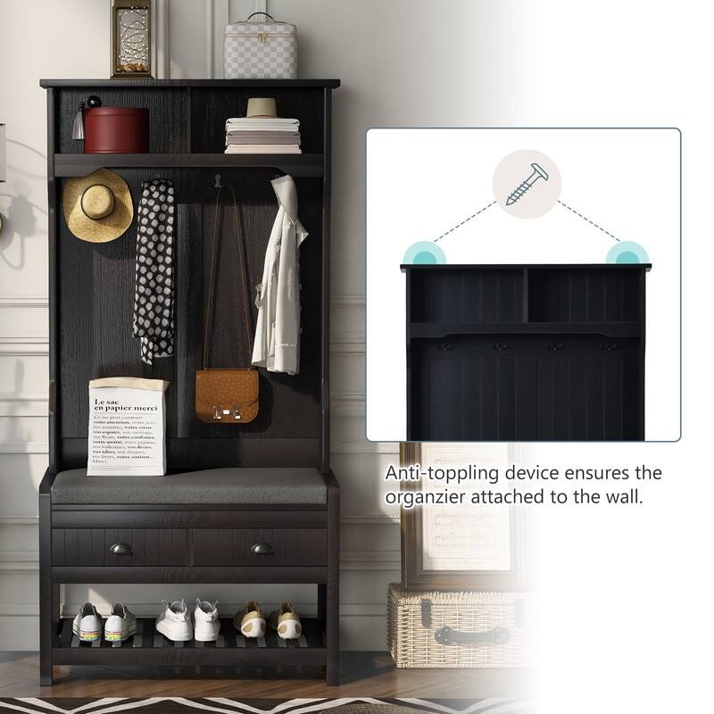 3-in-1 Design Hall Tree with 4 Hooks,Hinged Lid,Coat Hanger and Storage Bench