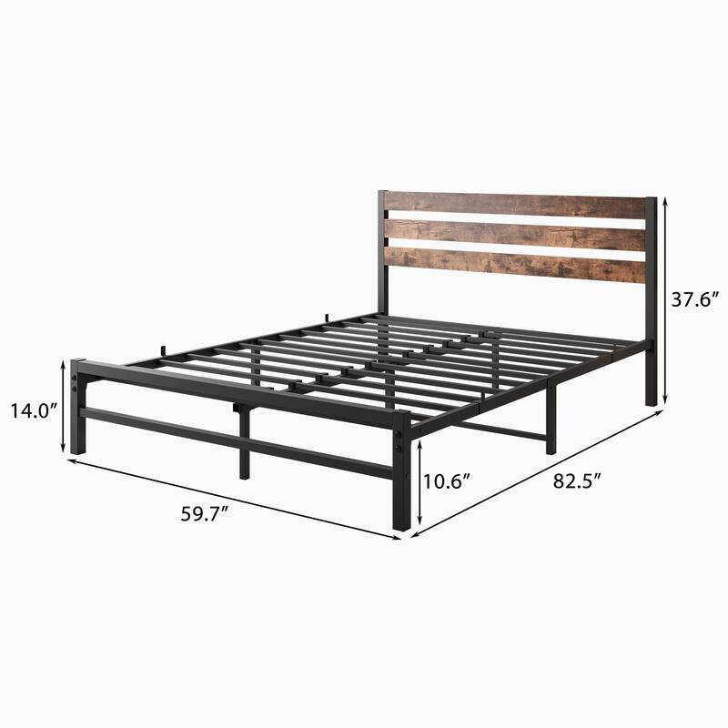 Industrial Vintage Bed Frame for Twin/Full/Queen Mattress, Strong Metal Slats, Wood Headboard, and Under-Bed Storage