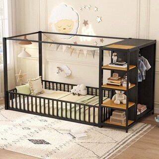 Metal Floor Bed Frame with Wardrobe and Built-In Storage Shelves