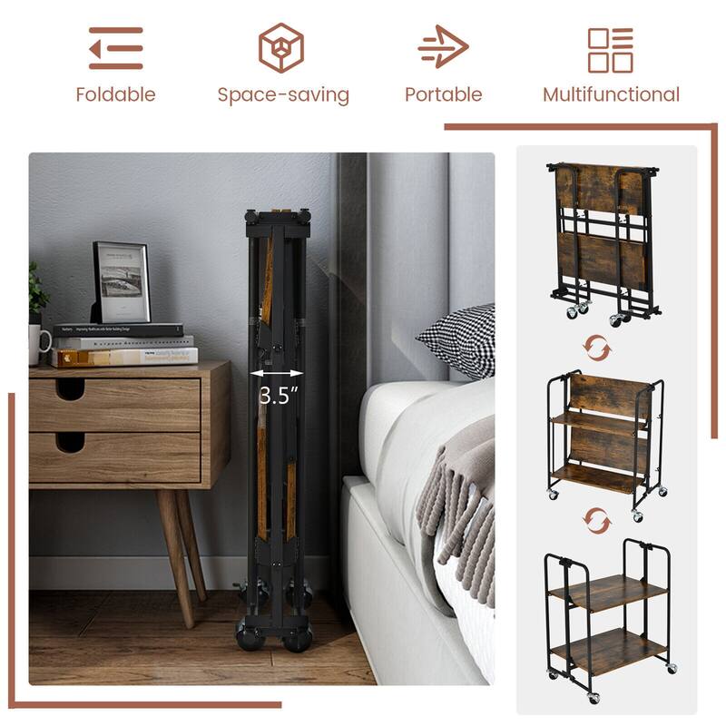 Gymax 2-Tier Folding Bar Cart Kitchen Serving Island Utility Cart