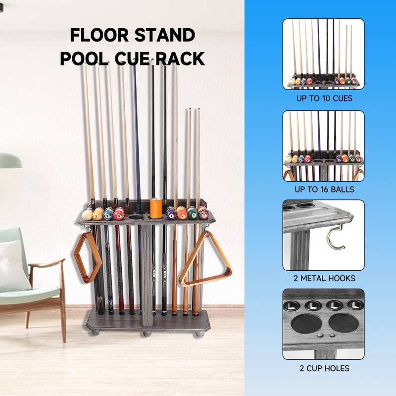 GSE™ 10-Pool Cue Wooden Billiard Pool Cue Rack. Floor Stand Pool Cue Stick Holder