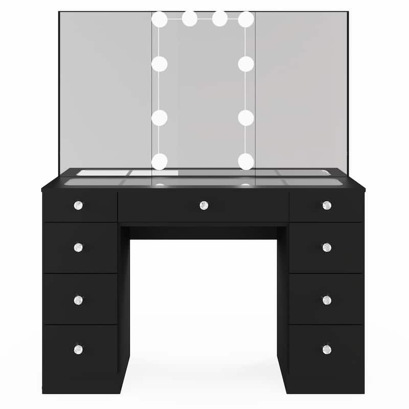 Boahaus Hollywood Makeup Vanity Desk with Lighted Mirror and Power Station; Modern Dressing Table with Storage Drawers
