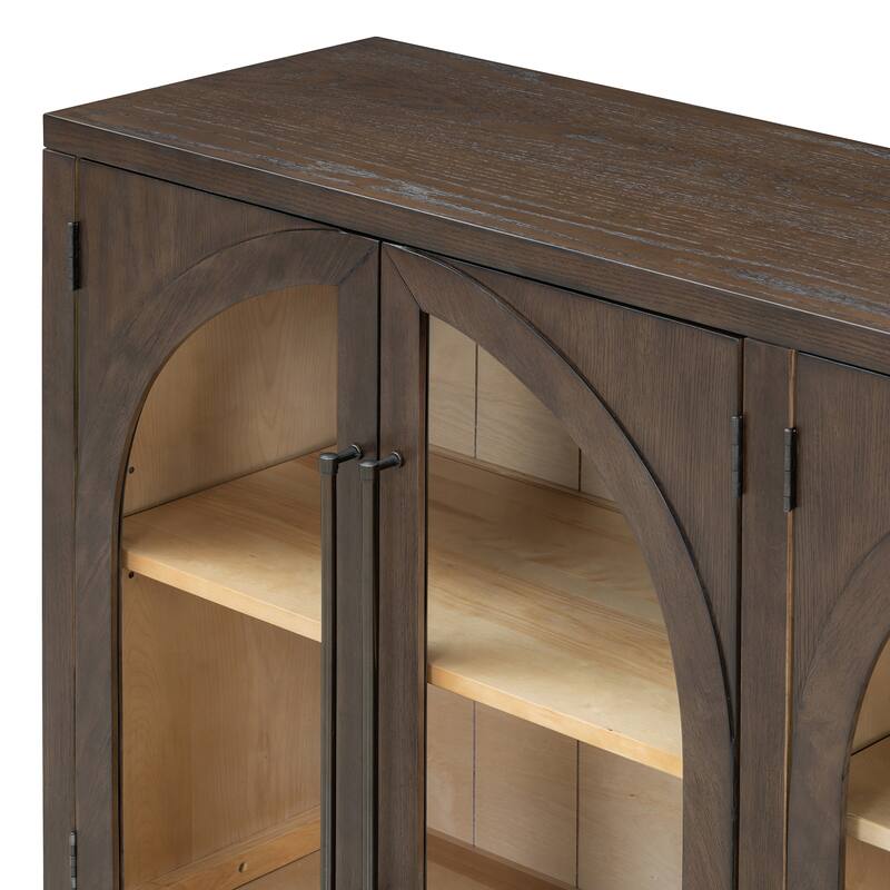 4-Door Large Storage Sideboard Buffet Cabinet with Glass Doors, Arched Cabinet with Adjustable Shelves for Kitchen, Dining Room