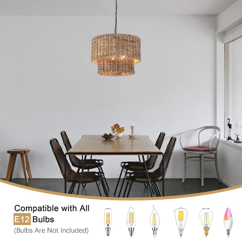 5-Light Farmhouse 2-Tier Candlestick Hanging Linear Chandelier Lighting with Rattan Cover for Dining Room Kitchen Island