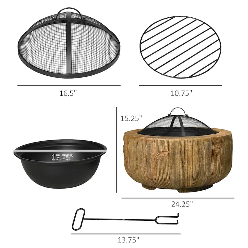 Outsunny Outdoor Fire Pit, 24 Inch Metal Wood Burning Fireplace with Spark Cover, Poker, Woodgrain Design