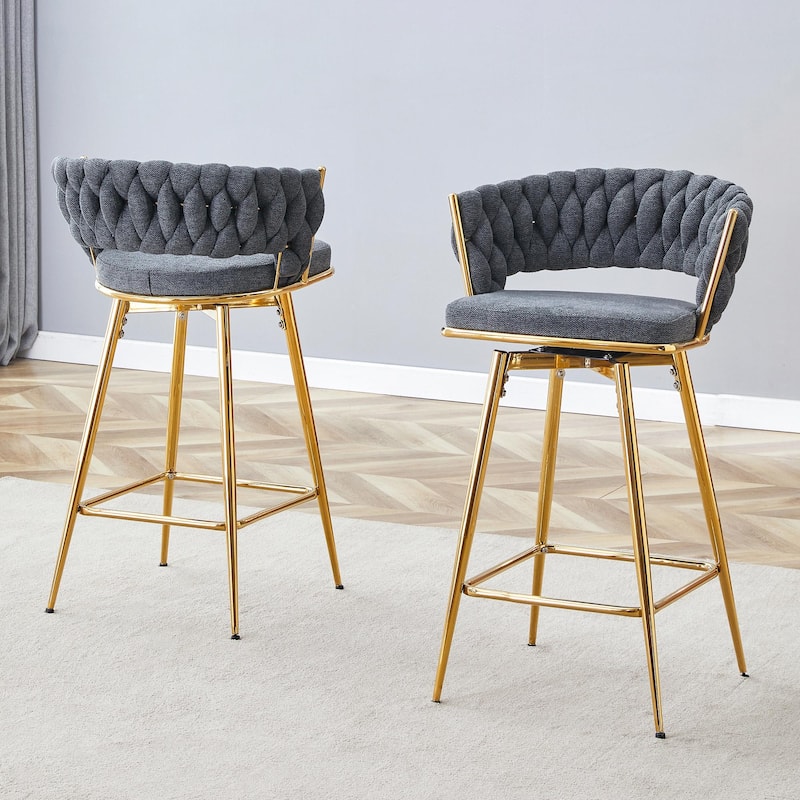 Set of 2 Swivel Bar Stools with Breathable Linen Cushions