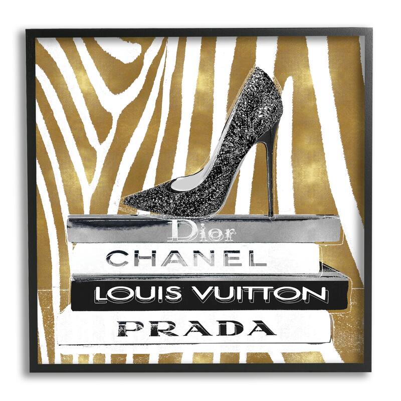 Stupell Fashion High Heel Bookstack Glam Gold Zebra Print Framed Wall Art, 12 x 12 - Black