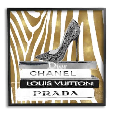 Stupell Fashion High Heel Bookstack Glam Gold Zebra Print Framed Wall Art, 12 x 12 - Black
