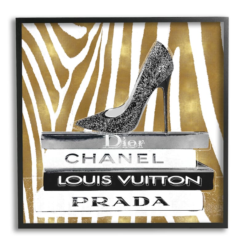 Stupell Fashion High Heel Bookstack Glam Gold Zebra Print Framed Wall Art, 12 x 12 - Black