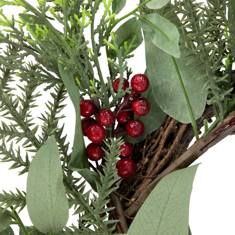 Mixed Foliage Red Berries Artificial Christmas Wreath, 24-Inch, Unlit