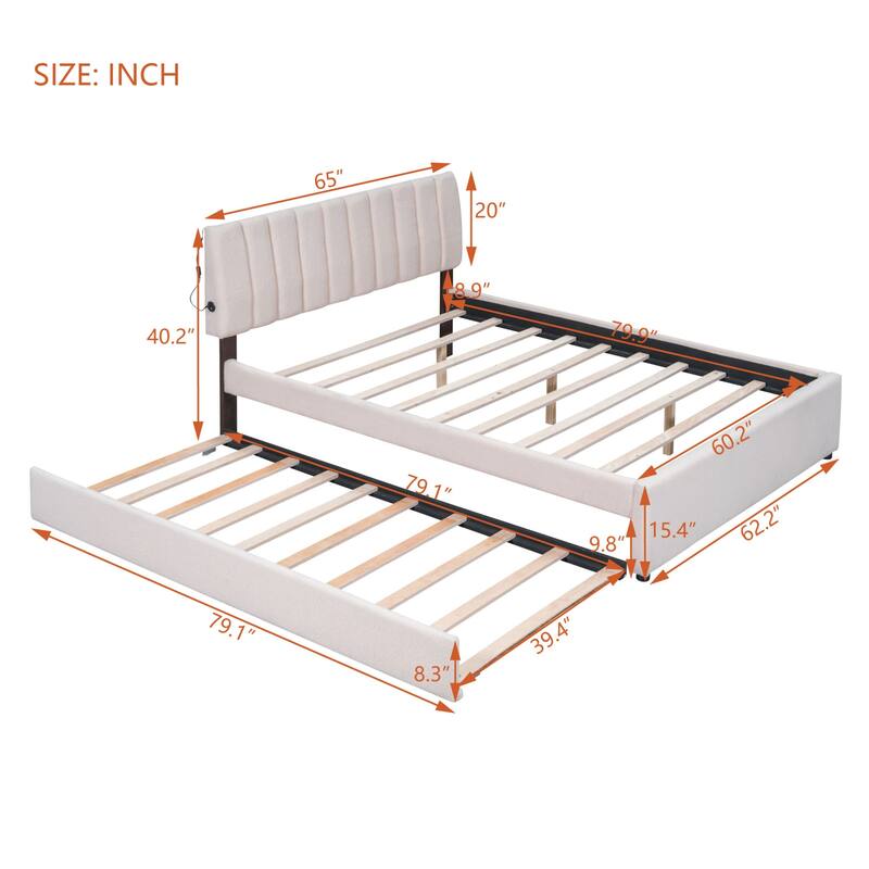 Upholstered Platform Bed with Trundle and LED Lights
