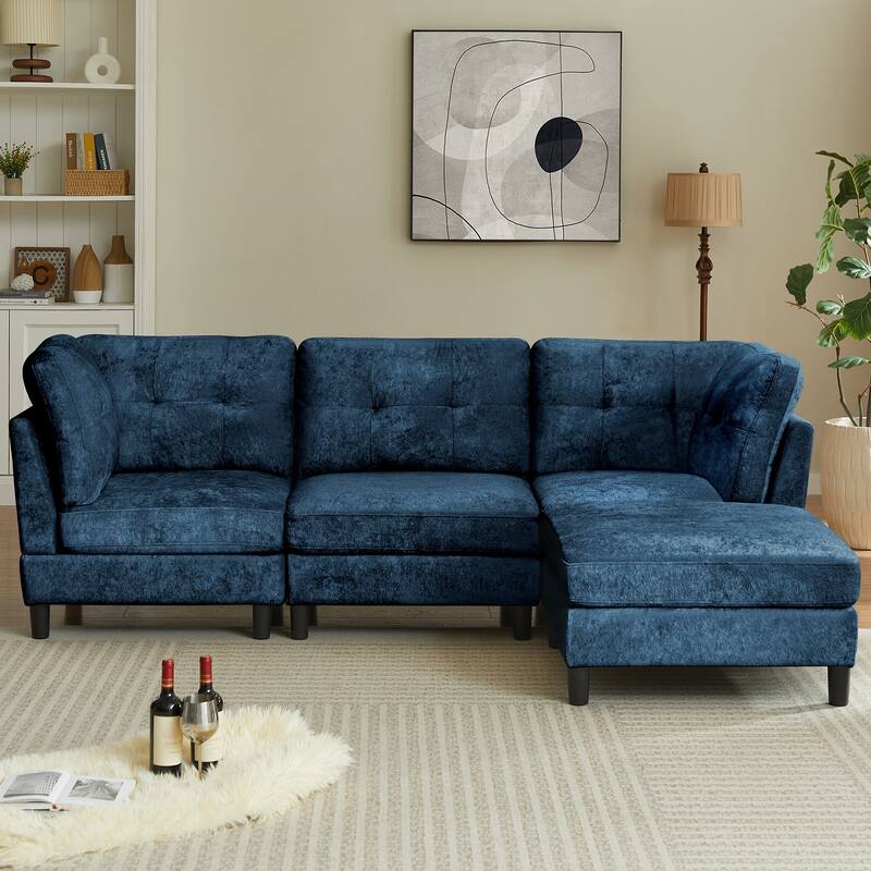 99.41" Chenille High Armrest L Shaped Sofa - Blue