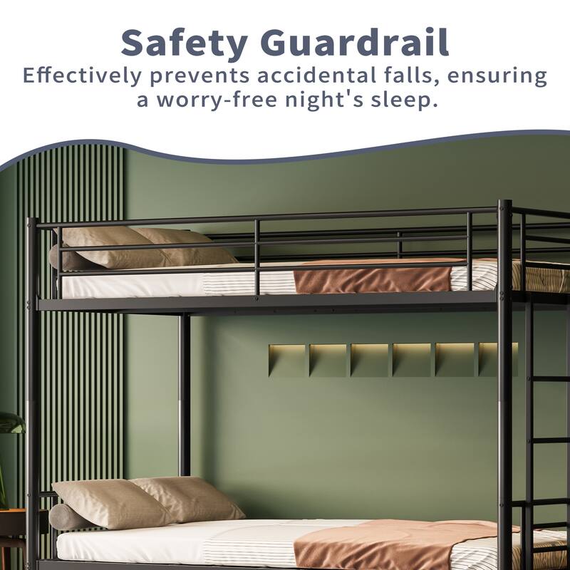 Twin Over Twin Metal Bunk Bed with Trundle, Convertible 2-in-1 Design, Non-Slip Ladder and Safety Rails