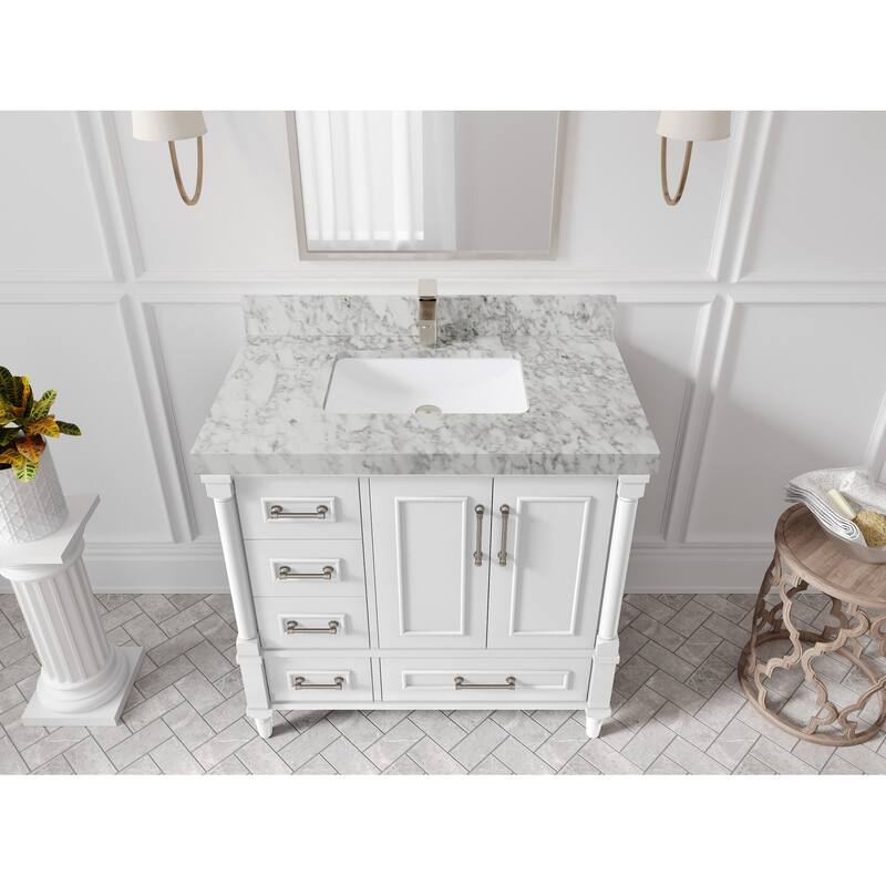 Willow Collections 36 in. W x 22 in. D Aberdeen Center Right Offset Sink Bathroom Vanity with Countertop - 2”Carrara Marble - White