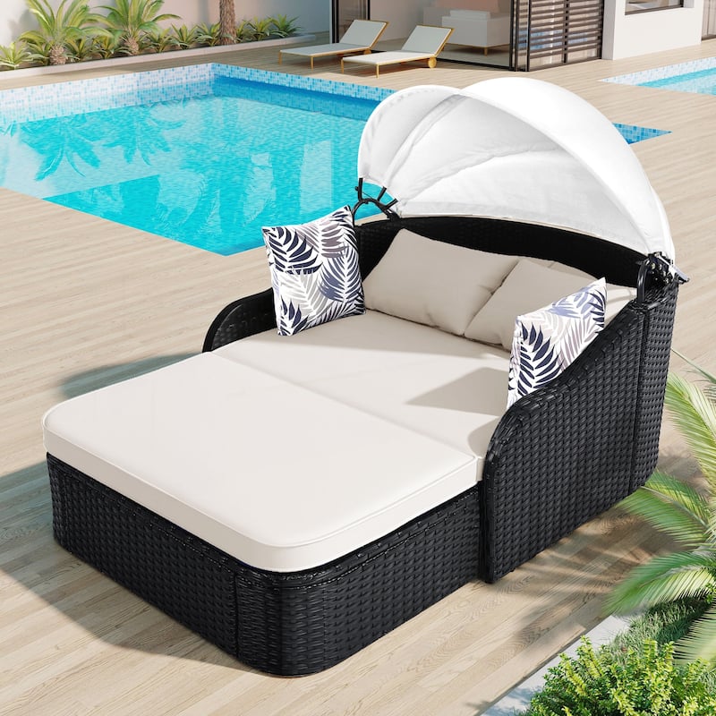 Outdoor Sunbed with Adjustable Canopy - Beige
