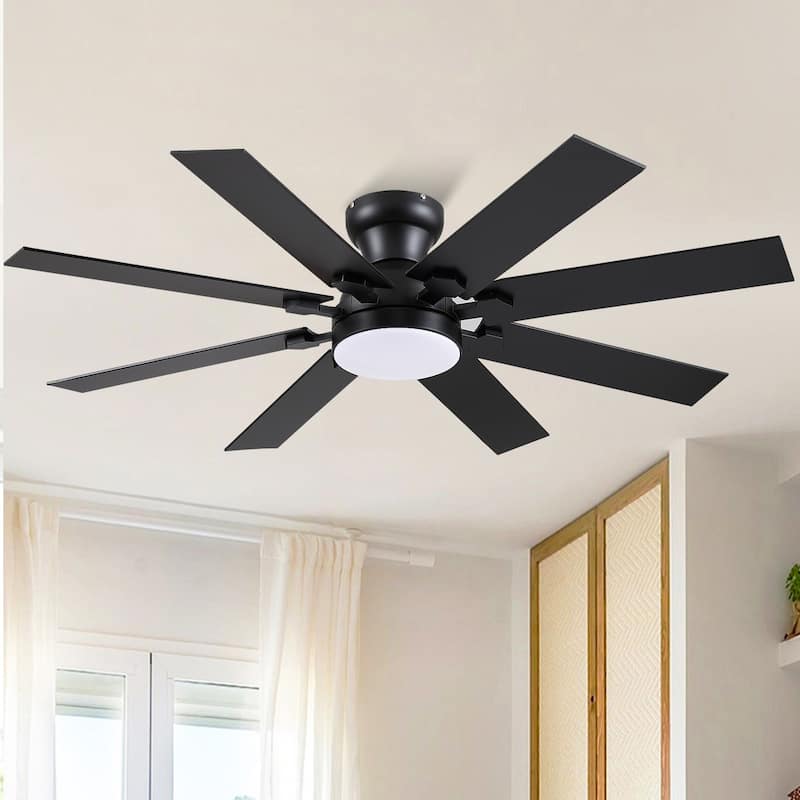 52 Inch Flush Mount Ceiling Fan with Light,8 Blades,Reversible Airflow,DC Motor,Remote and APP Control - 52 Inches - Black