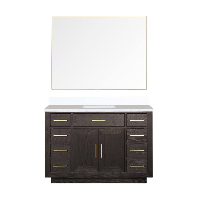 Abbey 48 in W x 22 in D Black Oak Single Bath Vanity, White Quartz Top, and 46 in Mirror
