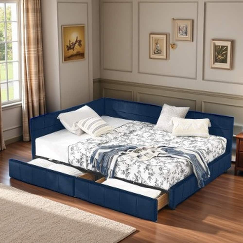 Full Size Mid-Century Velvet Upholstered Daybed with Storage Drawers, Wood Frame, Comfortable Backrest and Armrest