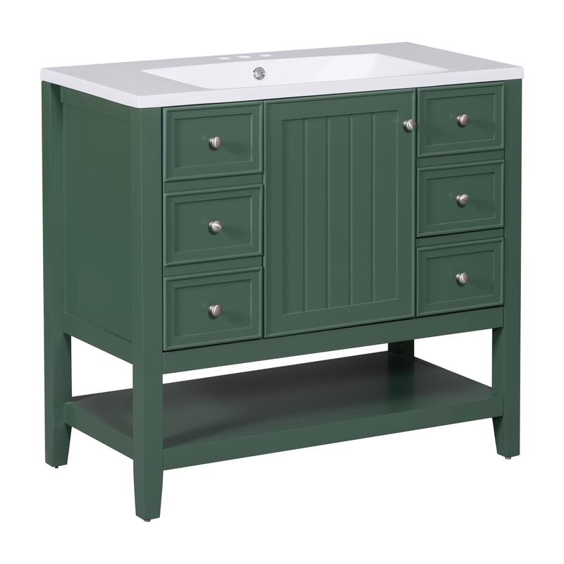Bathroom Vanity with Sink, Bathroom Vanity with 1 Cabinet and 3 Drawers, Solid Wood Storage Cabinet with Open Shelf